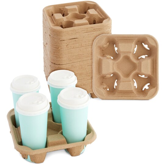 Juvale; Okuna Outpost Paper Drink Carrier - 8.5 x 8.5 x 1.8 in, Brown, 60 Pack - 4 Cup Holder Coffee Tray & Drink Tray - No-Spill Design for Hot & Cold Beverages; Category:Glasses & Drinkware; Image:1